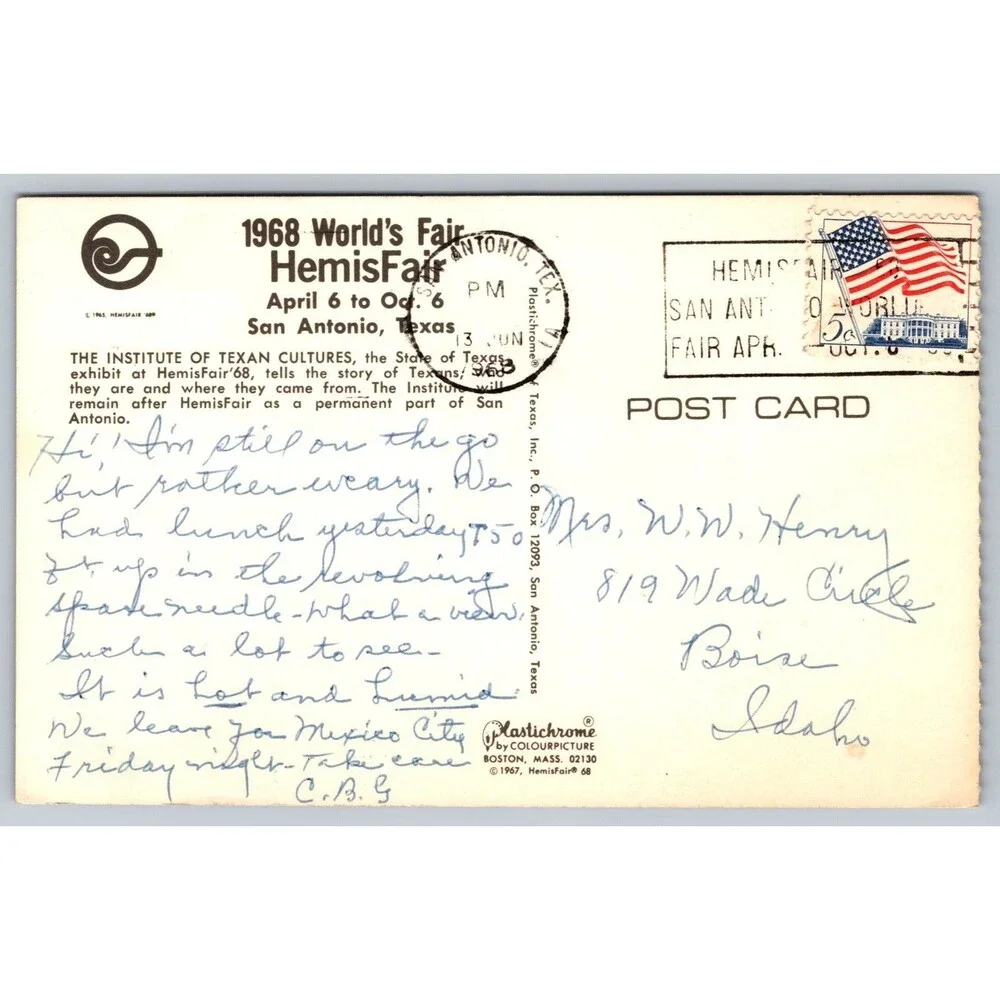 1968 World's Fair HemisFair Postcard Institute of Texan Cultures San Antonio TX